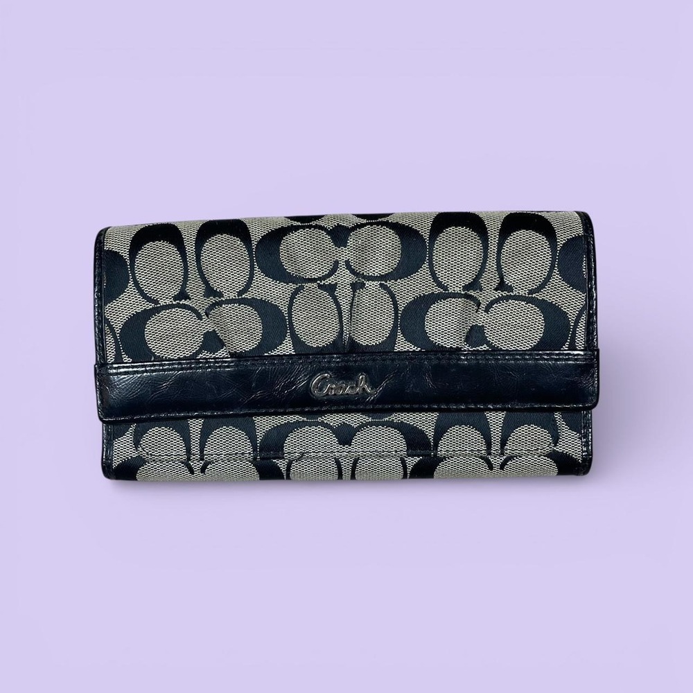 Coach Signature Jacquard Canvas Wallet Black Grey Monogram Long Tri-Fold